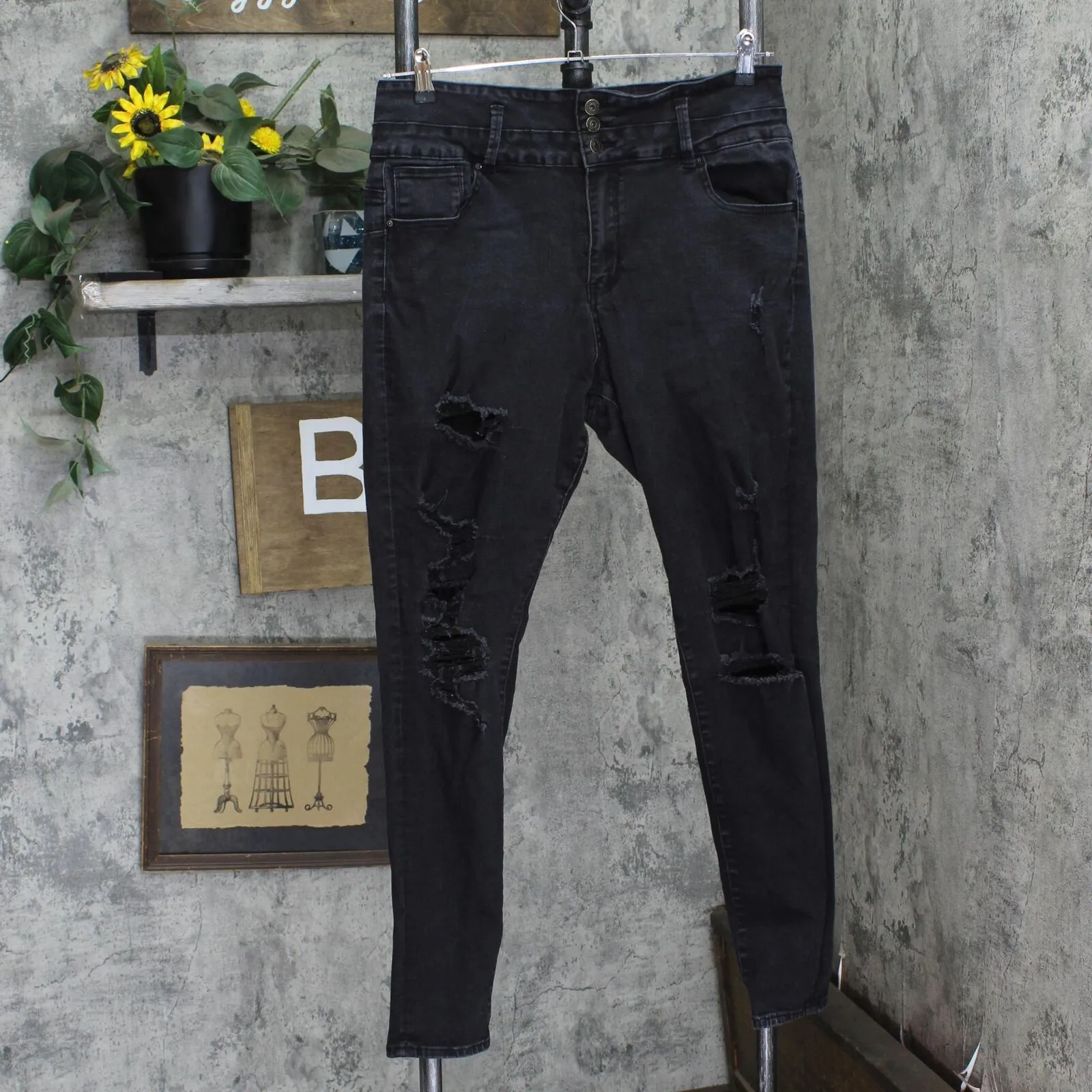 Refuge Ibiza Womens Denim Skinny Distressed Stretch Jeans Black 15