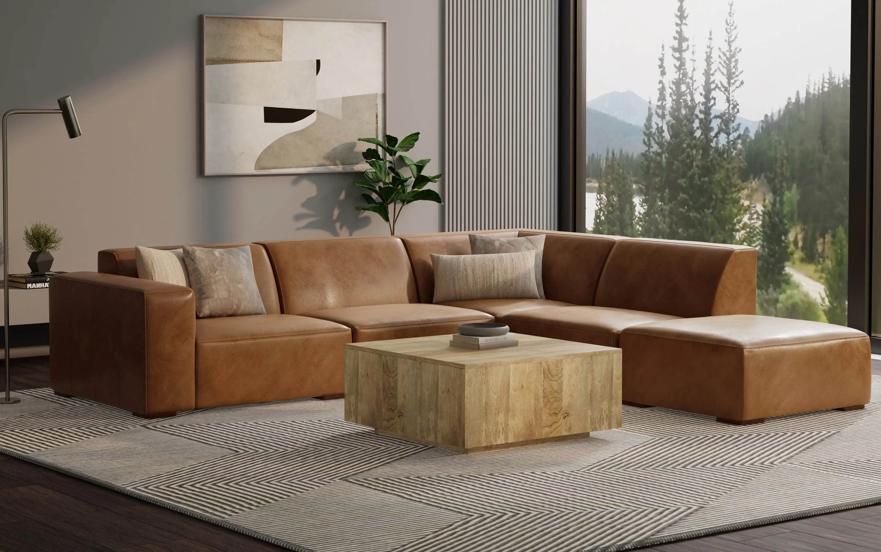 Rex Right Sectional and Ottoman in Genuine Leather