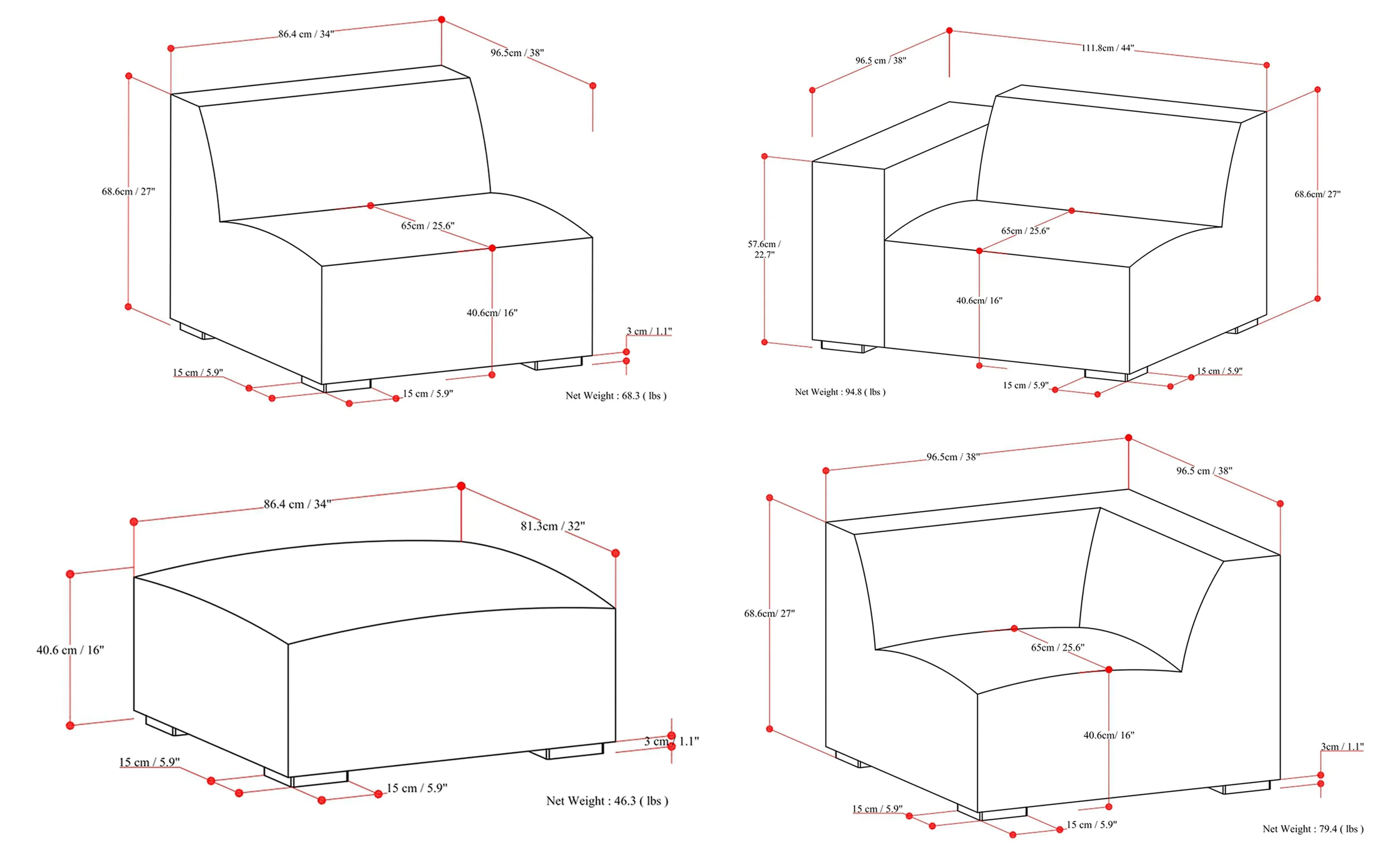 Rex Right Sectional and Ottoman in Genuine Leather