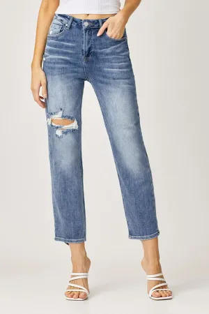 Risen High Rise Straight Crop Distressed Jeans