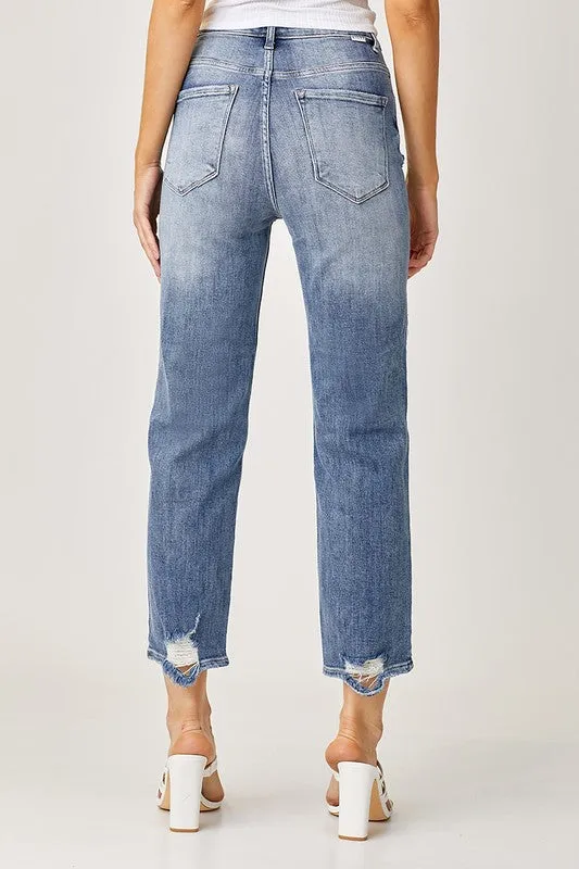 Risen High Rise Straight Crop Distressed Jeans