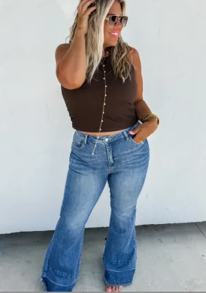 Romi Tummy Control Distressed Flare Jeans - medium wash