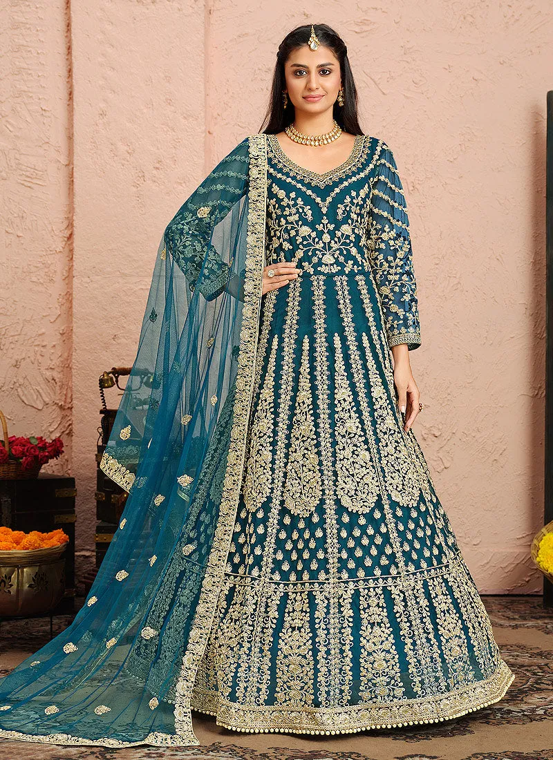 Royal Blue Golden Zari Embellished Designer Anarkali Suit