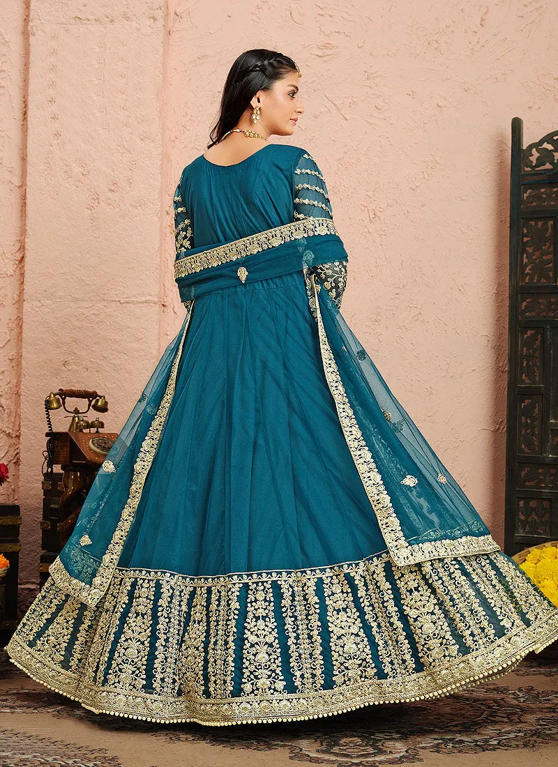 Royal Blue Golden Zari Embellished Designer Anarkali Suit