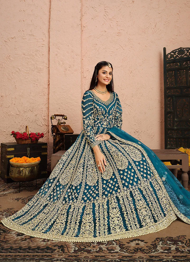 Royal Blue Golden Zari Embellished Designer Anarkali Suit