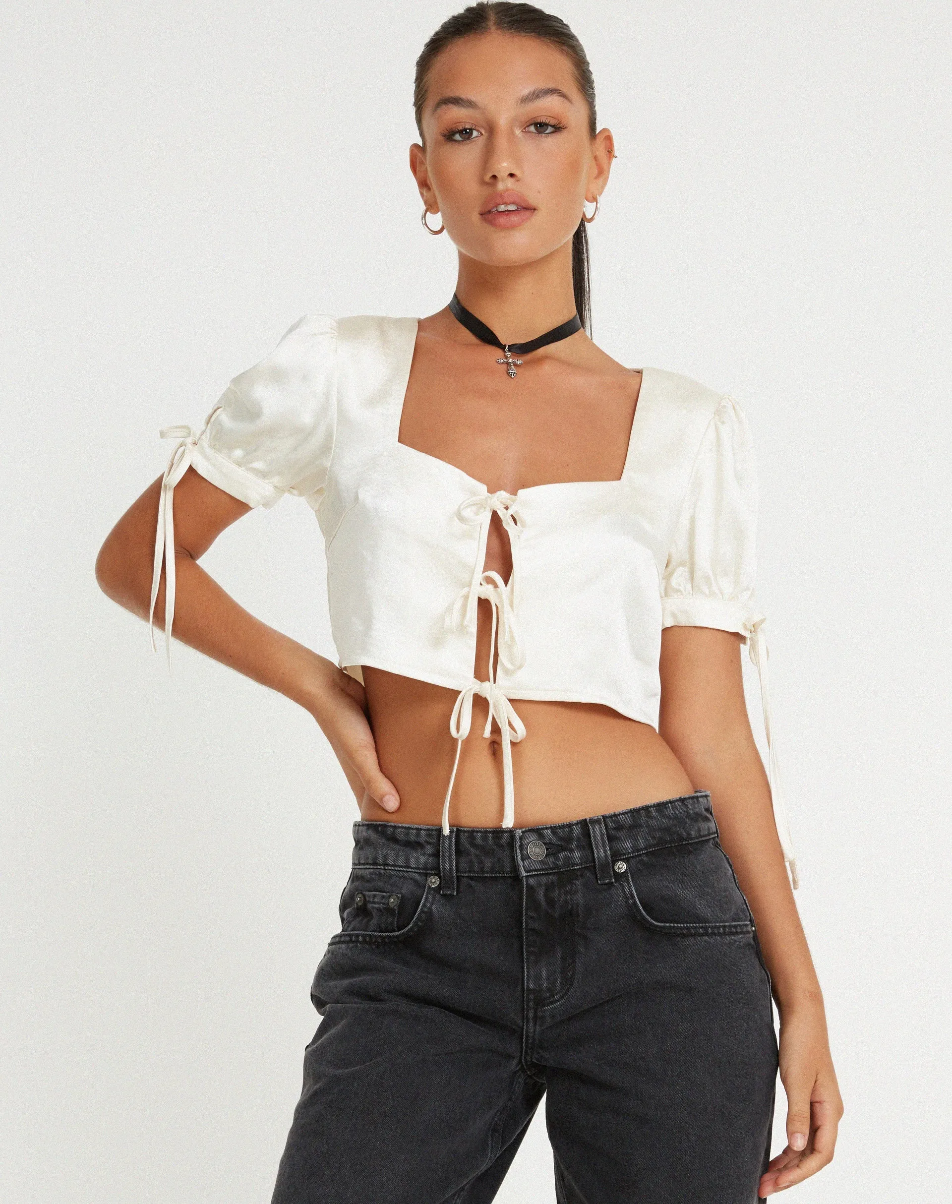 Sanura Tie Up Crop Top in Satin Ivory