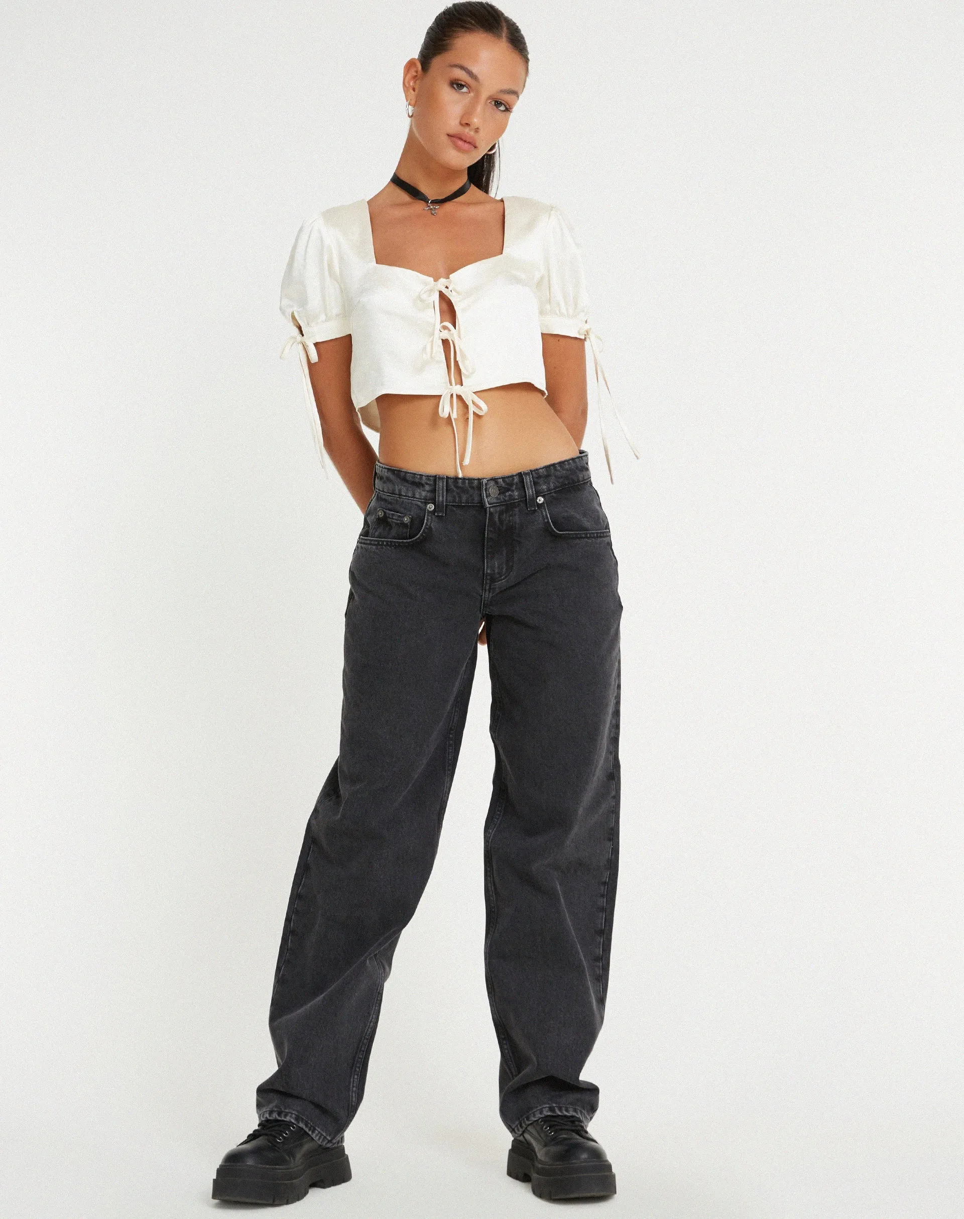 Sanura Tie Up Crop Top in Satin Ivory