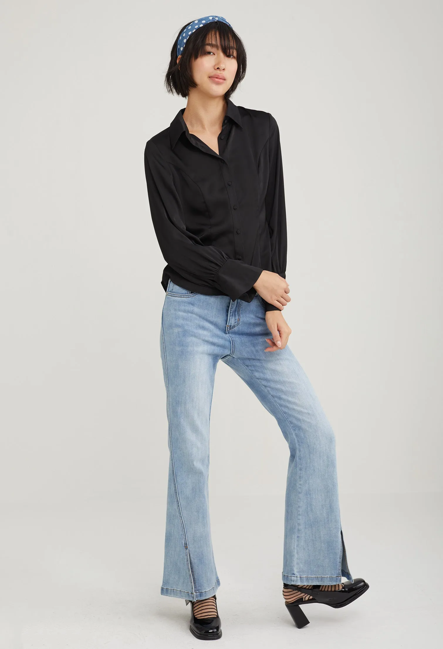 Satin Fitted Petal Sleeve Blouse
