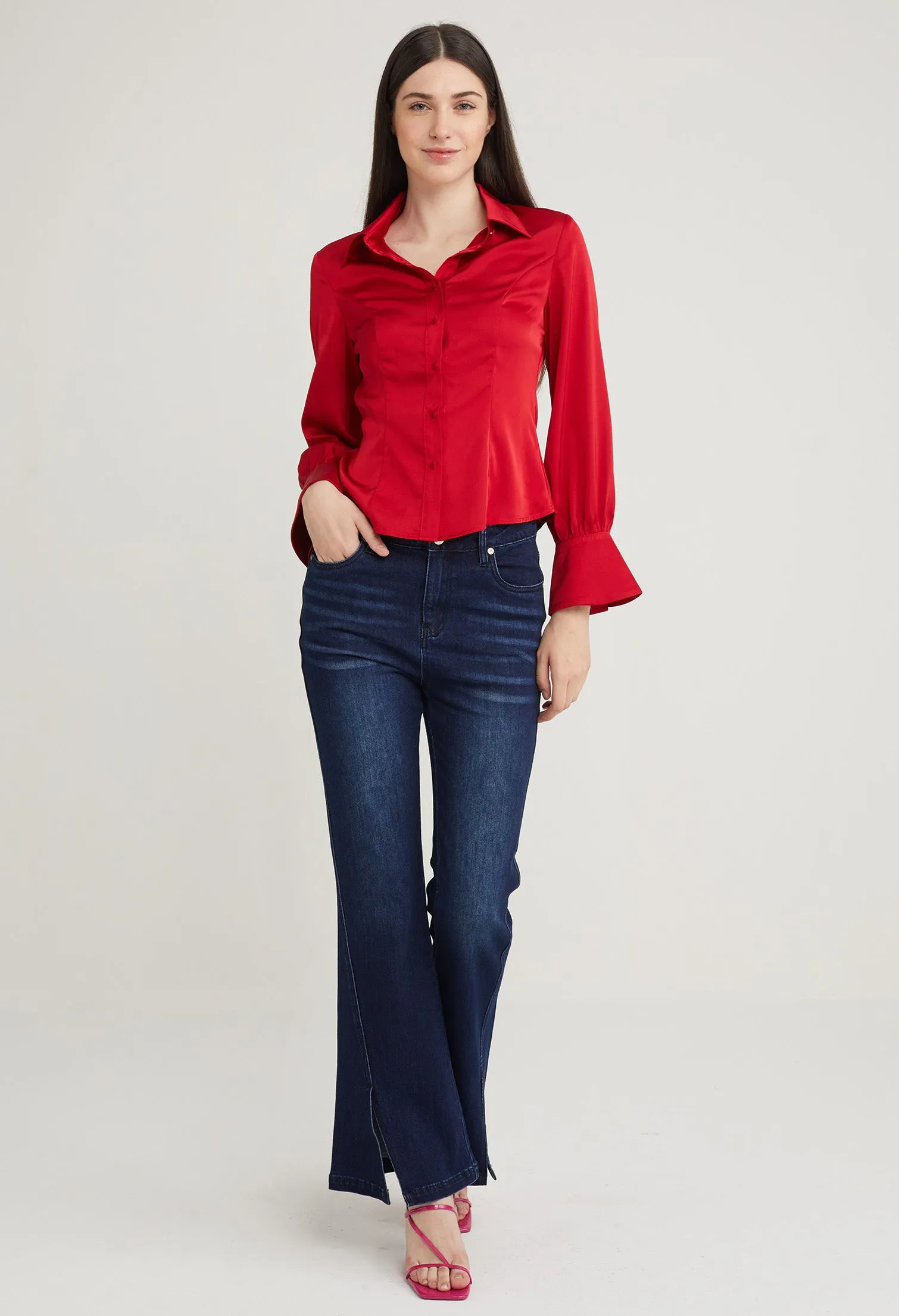 Satin Fitted Petal Sleeve Blouse