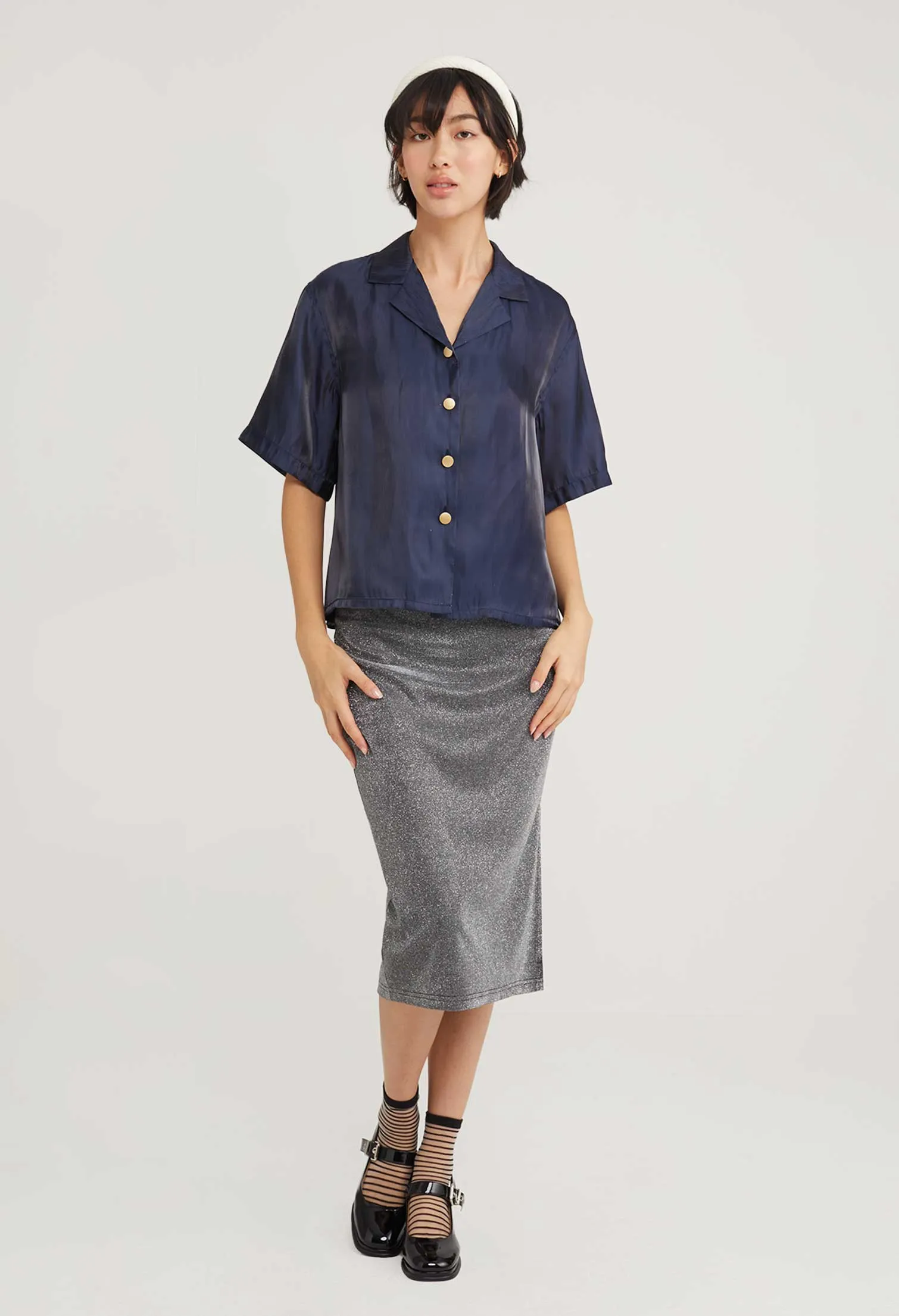 Satin Shimmer Short Sleeve Blouse