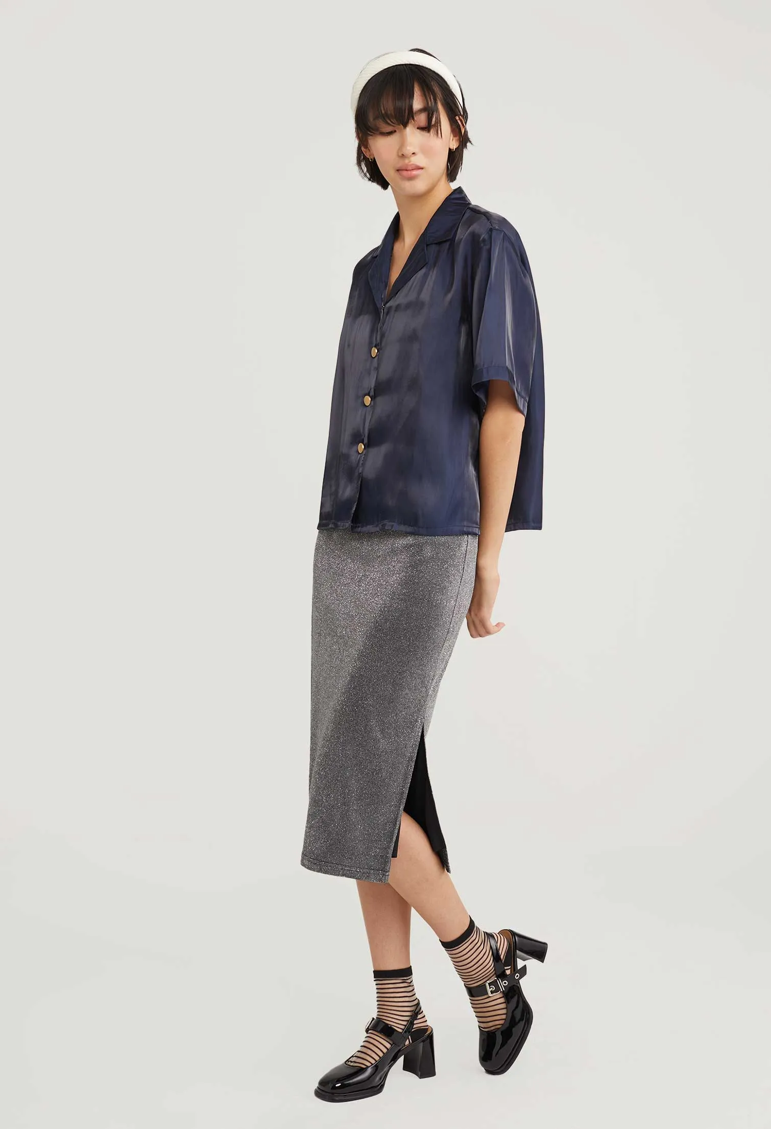 Satin Shimmer Short Sleeve Blouse