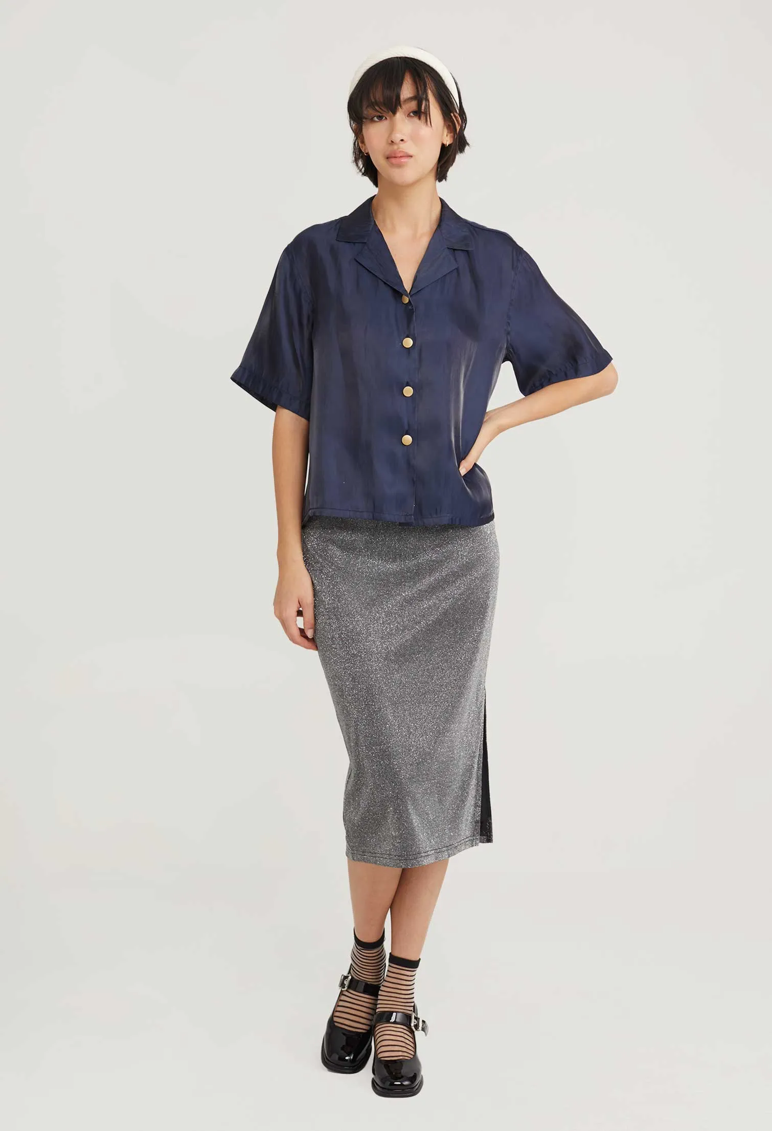 Satin Shimmer Short Sleeve Blouse