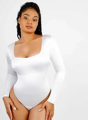 Sexy Satin Long Sleeve Bodysuit - Pearl