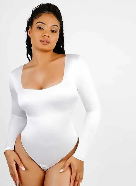 Sexy Satin Long Sleeve Bodysuit - Pearl