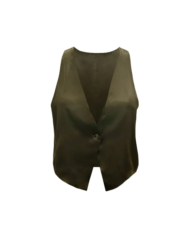 Silk Button Front Vest Dark Olive