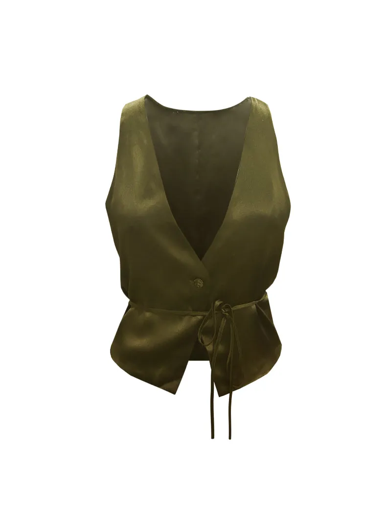 Silk Button Front Vest Dark Olive