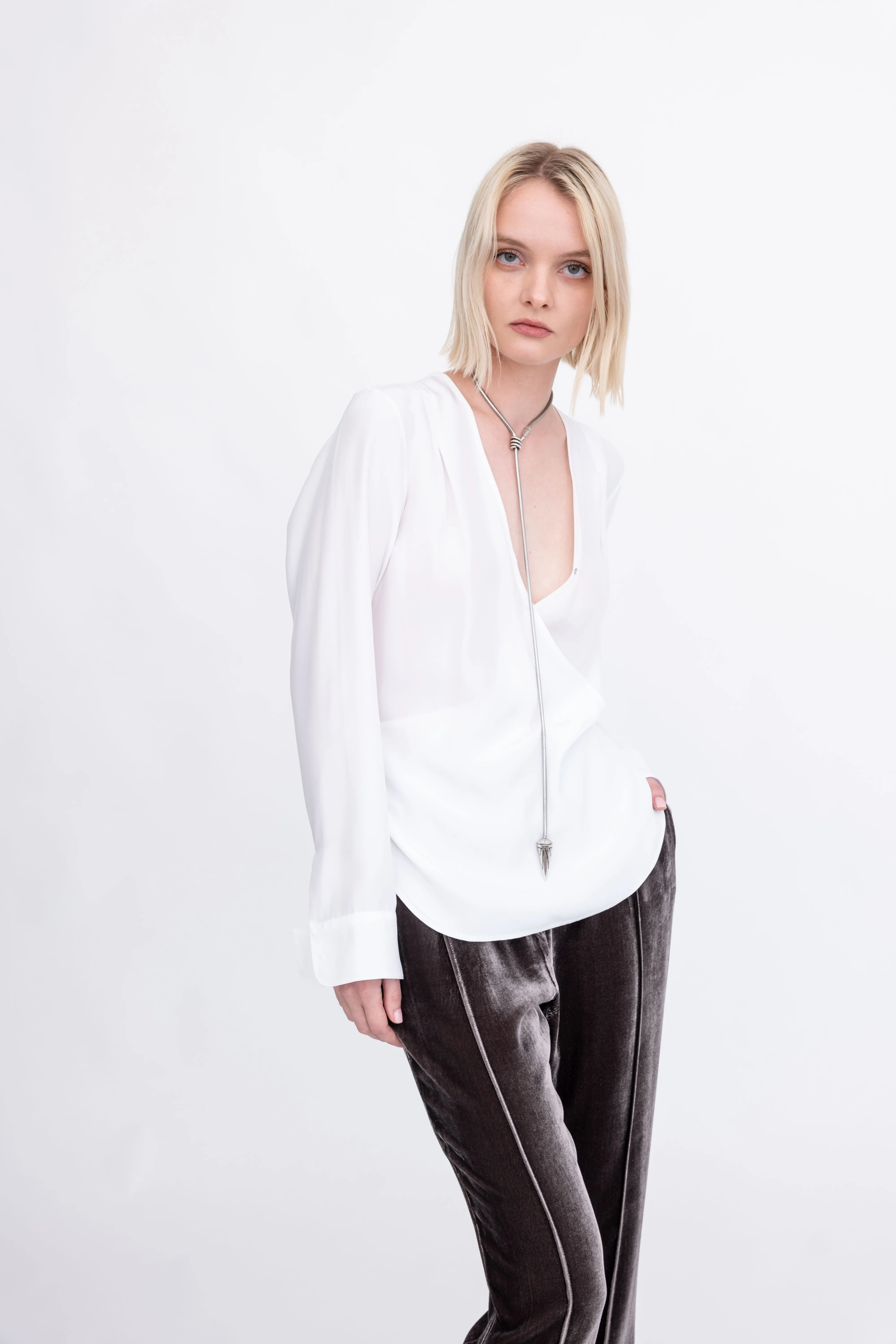 Silk Surplice Top with Wrap Tie - AMBROSE