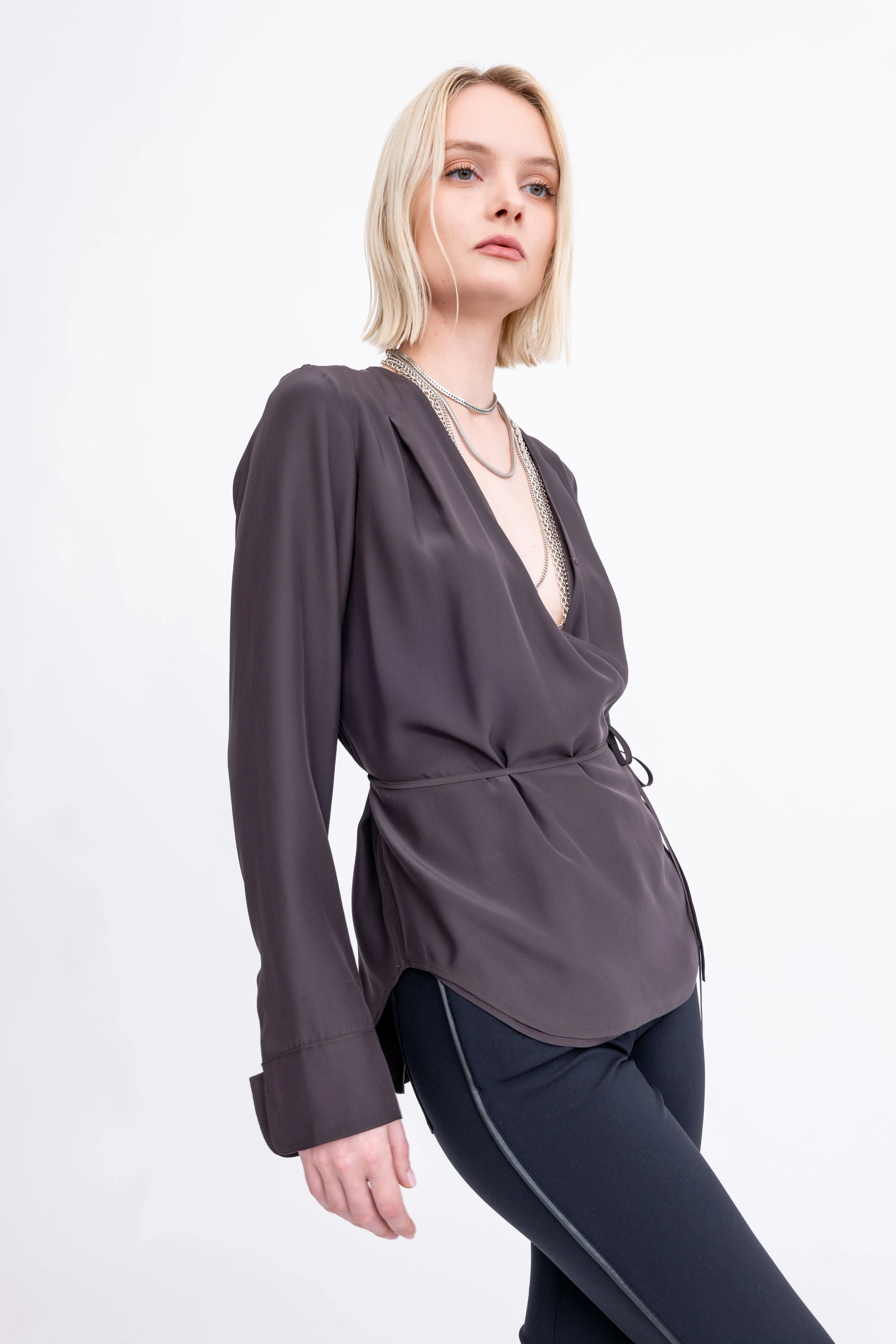Silk Surplice Top with Wrap Tie - AMBROSE