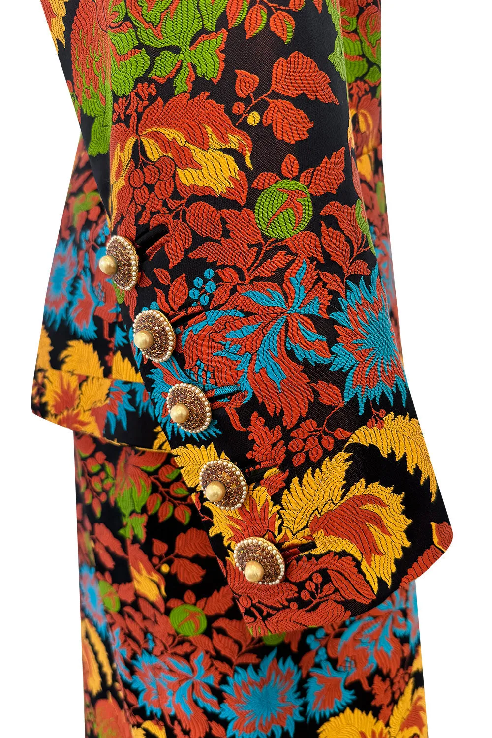 Spectacular Spring 1990 Yves Saint Laurent Haute Couture Silk Damask Runway Suit w Amazing Pearl Jewel Buttons