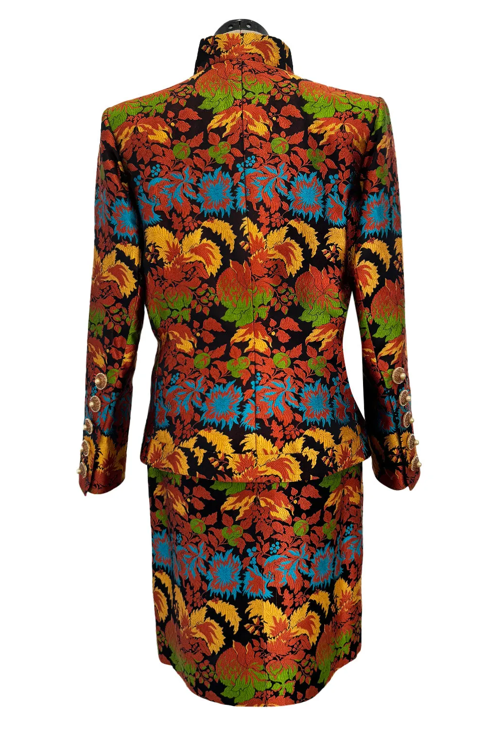 Spectacular Spring 1990 Yves Saint Laurent Haute Couture Silk Damask Runway Suit w Amazing Pearl Jewel Buttons