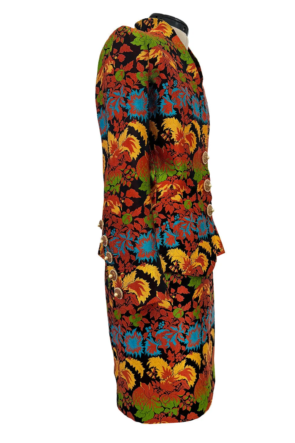 Spectacular Spring 1990 Yves Saint Laurent Haute Couture Silk Damask Runway Suit w Amazing Pearl Jewel Buttons