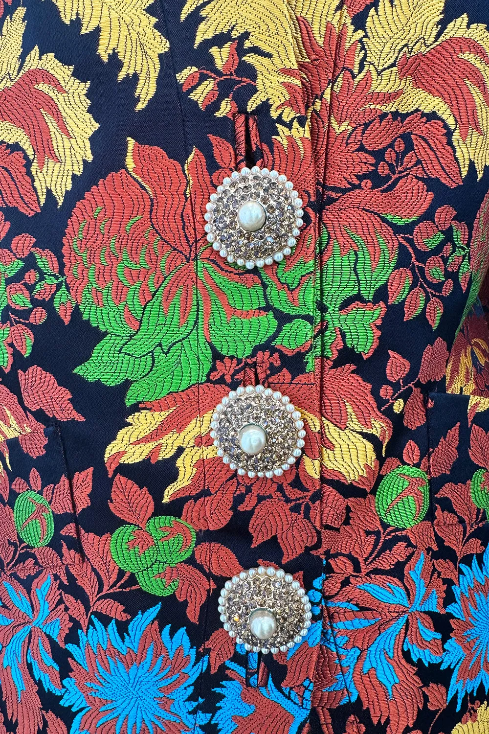 Spectacular Spring 1990 Yves Saint Laurent Haute Couture Silk Damask Runway Suit w Amazing Pearl Jewel Buttons