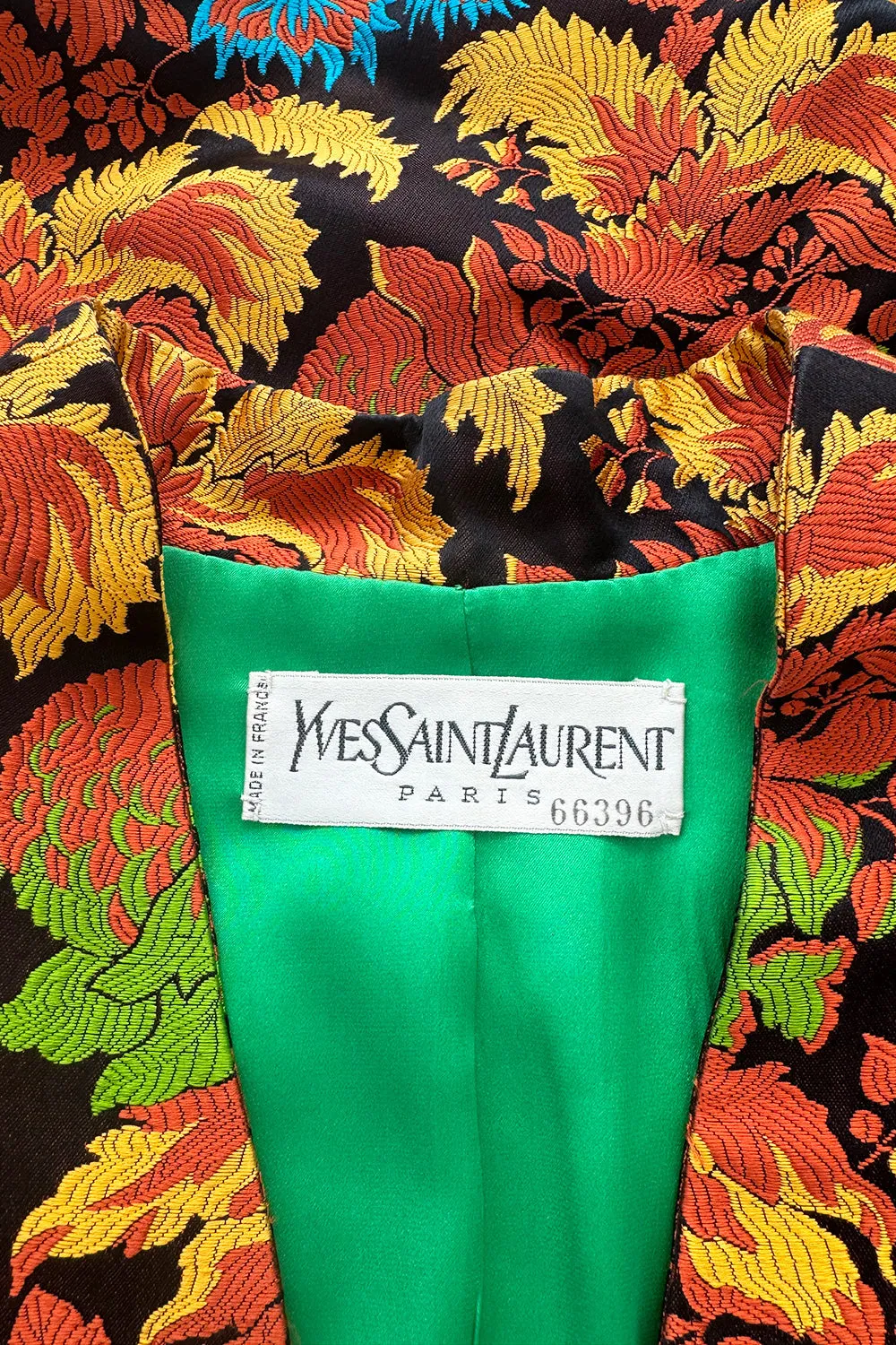 Spectacular Spring 1990 Yves Saint Laurent Haute Couture Silk Damask Runway Suit w Amazing Pearl Jewel Buttons