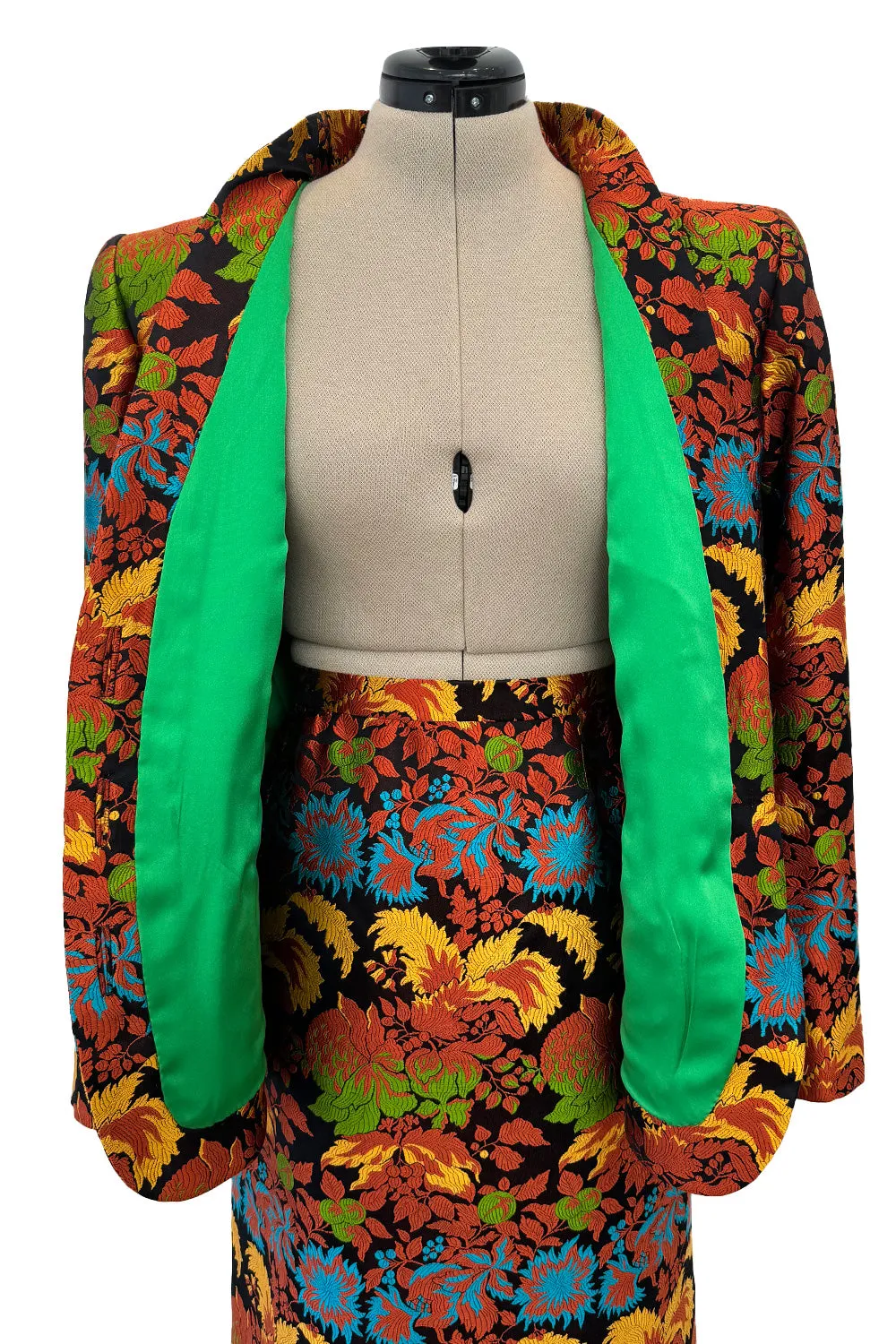 Spectacular Spring 1990 Yves Saint Laurent Haute Couture Silk Damask Runway Suit w Amazing Pearl Jewel Buttons