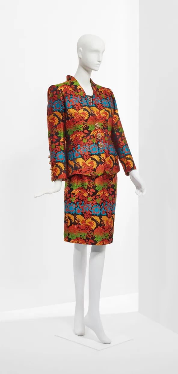 Spectacular Spring 1990 Yves Saint Laurent Haute Couture Silk Damask Runway Suit w Amazing Pearl Jewel Buttons