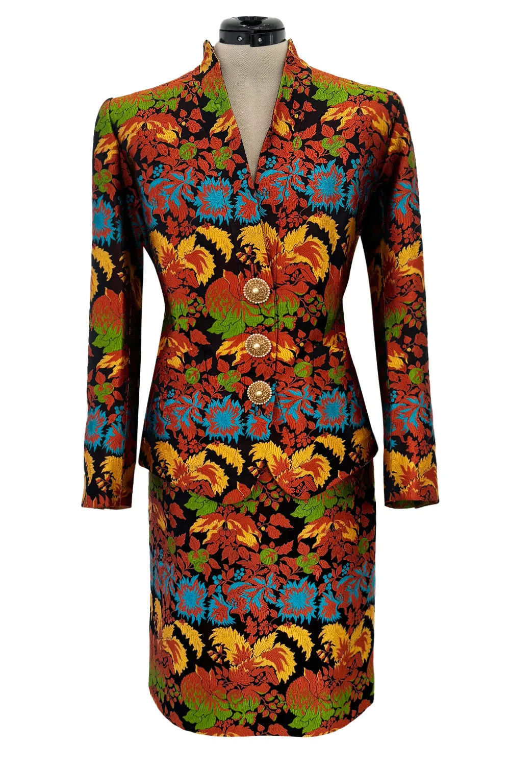 Spectacular Spring 1990 Yves Saint Laurent Haute Couture Silk Damask Runway Suit w Amazing Pearl Jewel Buttons