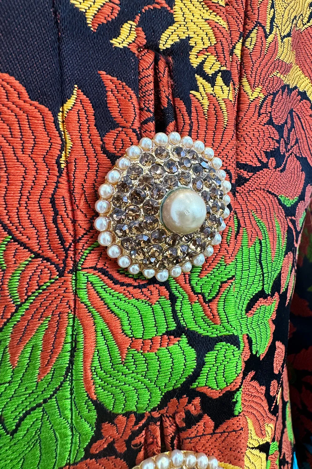 Spectacular Spring 1990 Yves Saint Laurent Haute Couture Silk Damask Runway Suit w Amazing Pearl Jewel Buttons