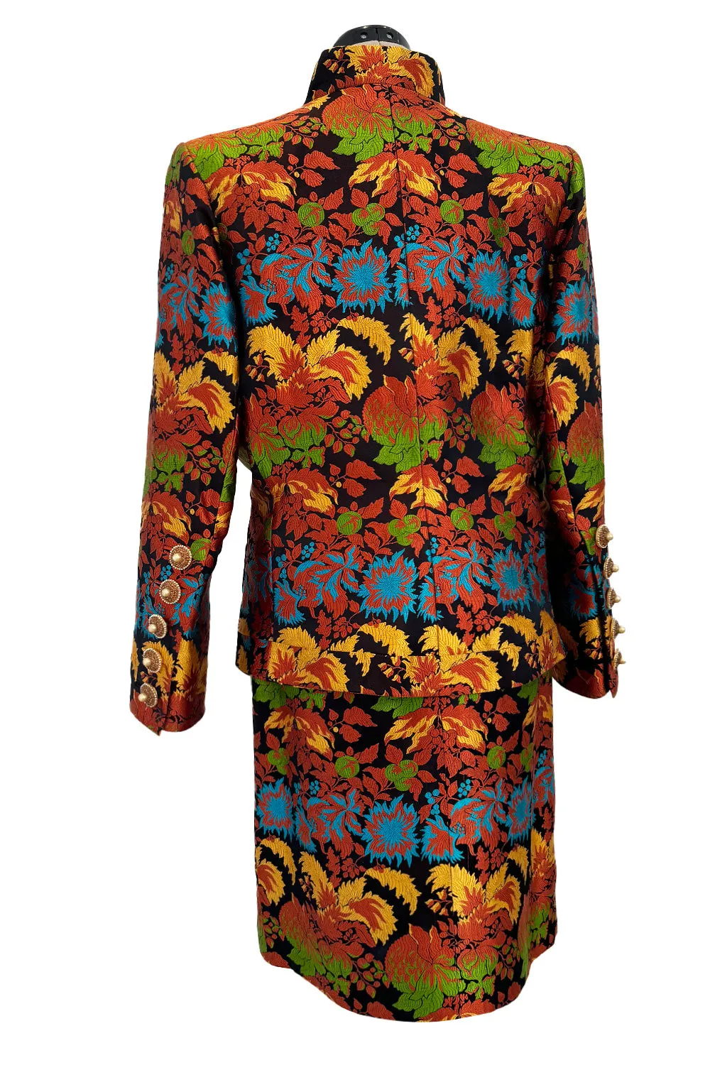 Spectacular Spring 1990 Yves Saint Laurent Haute Couture Silk Damask Runway Suit w Amazing Pearl Jewel Buttons