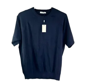 SuitSupply Blue Navy Cotton & Mulberry Silk Short Sleeve Crewneck UK S