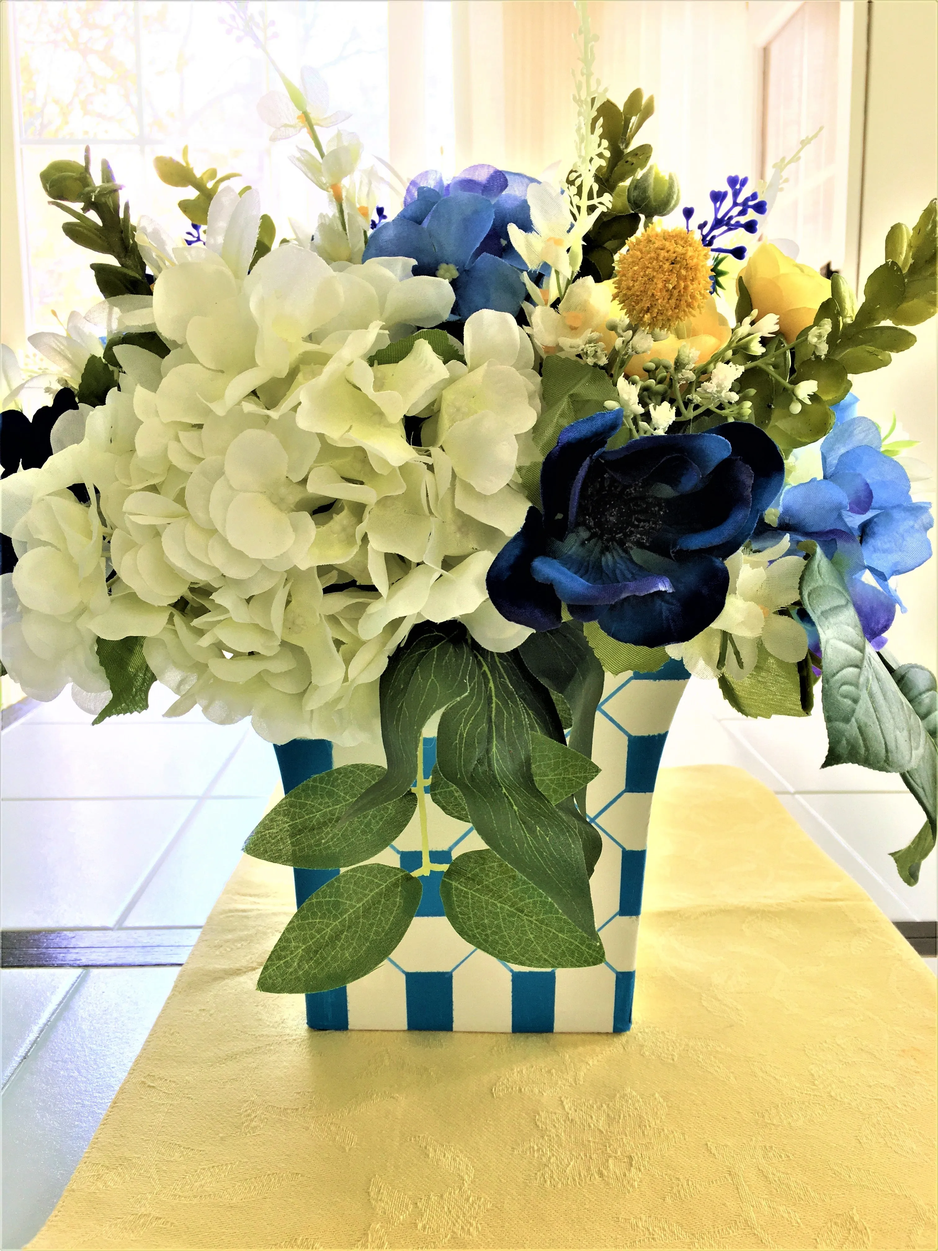 Table Centerpiece- Silk Hydrangeas-Customized Vase- 18" W X 16" H