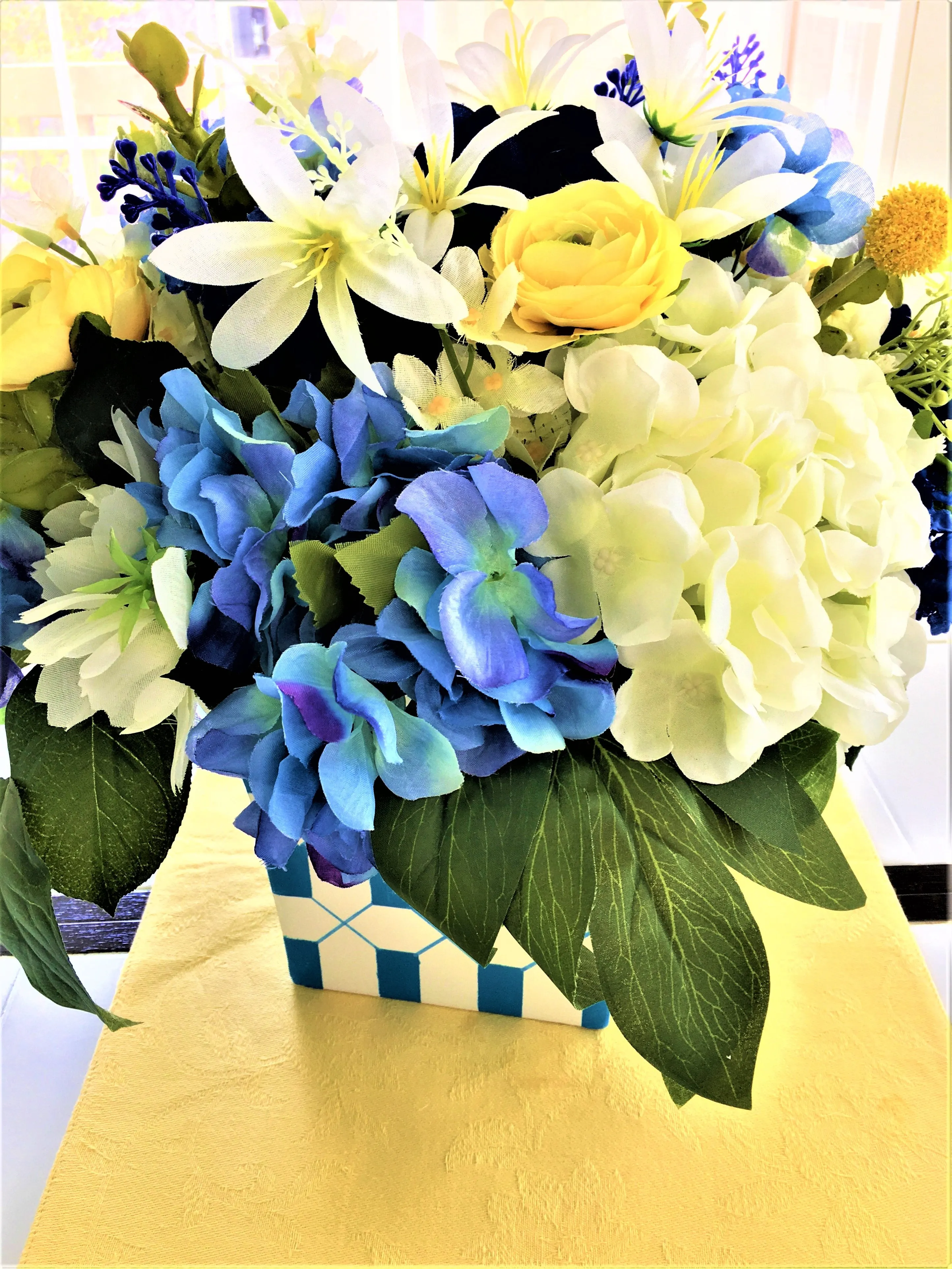 Table Centerpiece- Silk Hydrangeas-Customized Vase- 18" W X 16" H