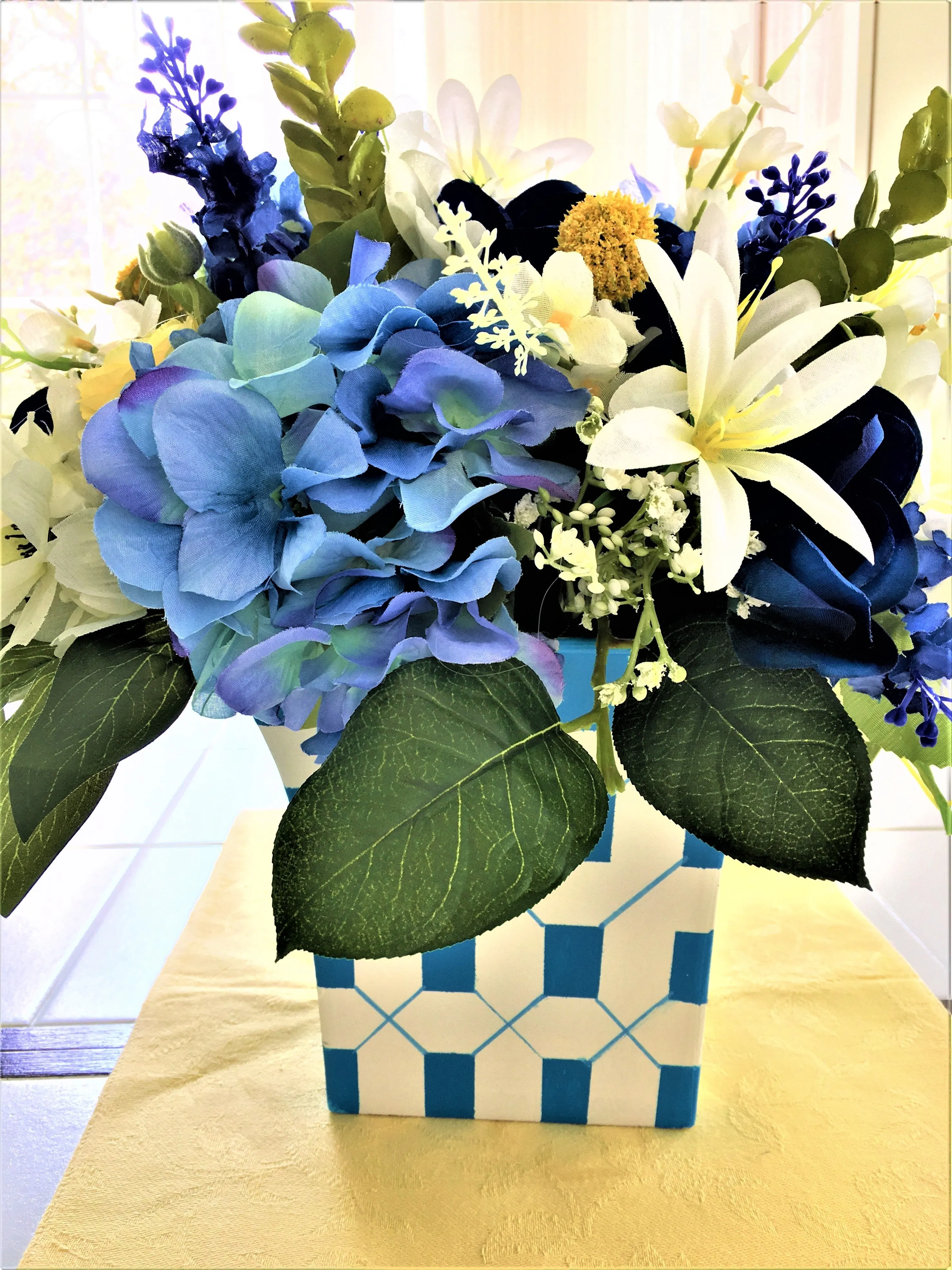 Table Centerpiece- Silk Hydrangeas-Customized Vase- 18" W X 16" H