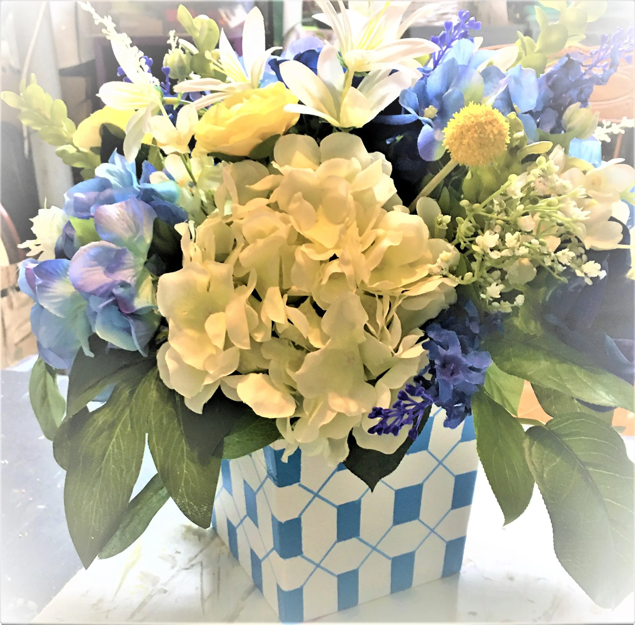 Table Centerpiece- Silk Hydrangeas-Customized Vase- 18" W X 16" H