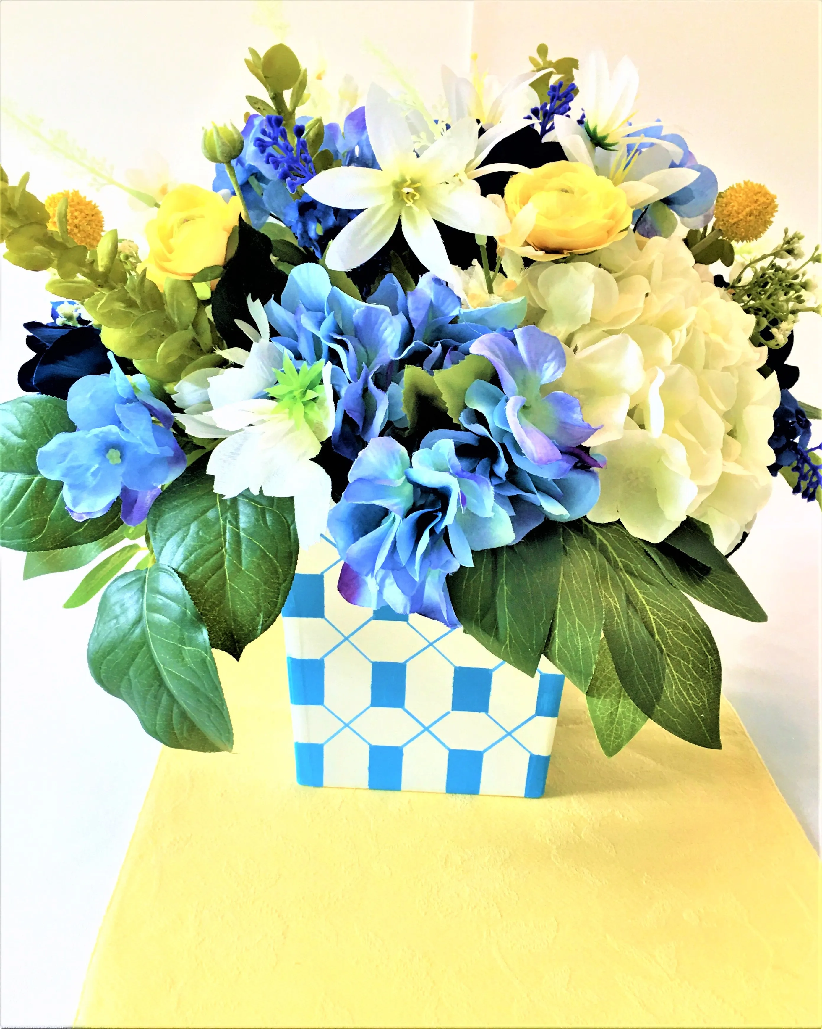 Table Centerpiece- Silk Hydrangeas-Customized Vase- 18" W X 16" H