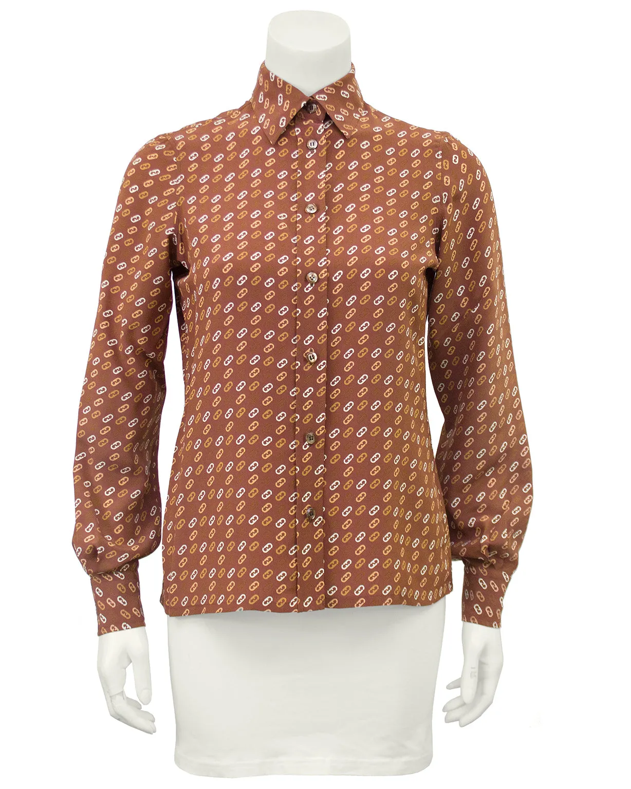 Tan Silk Blouse with Logo Link Pattern