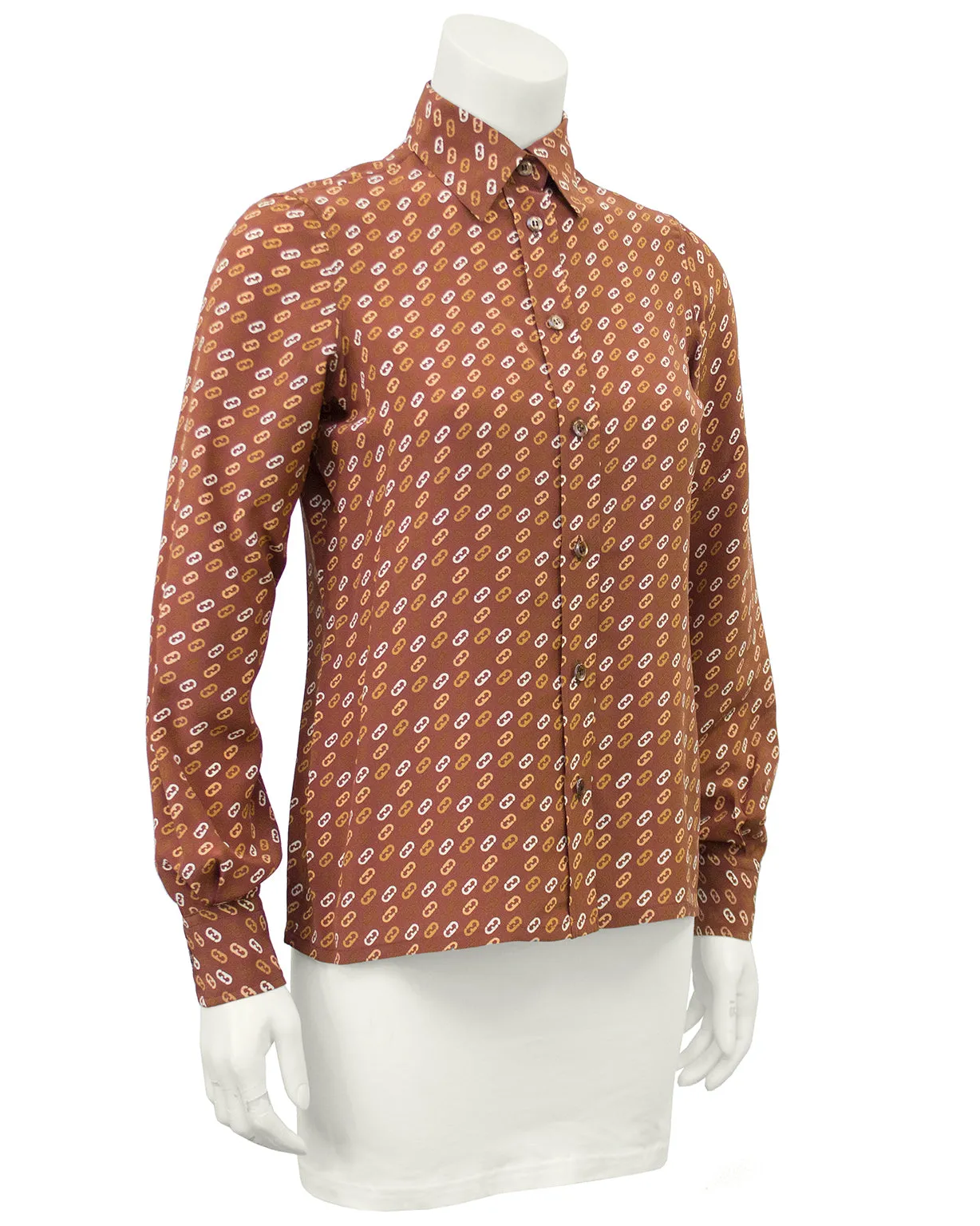 Tan Silk Blouse with Logo Link Pattern