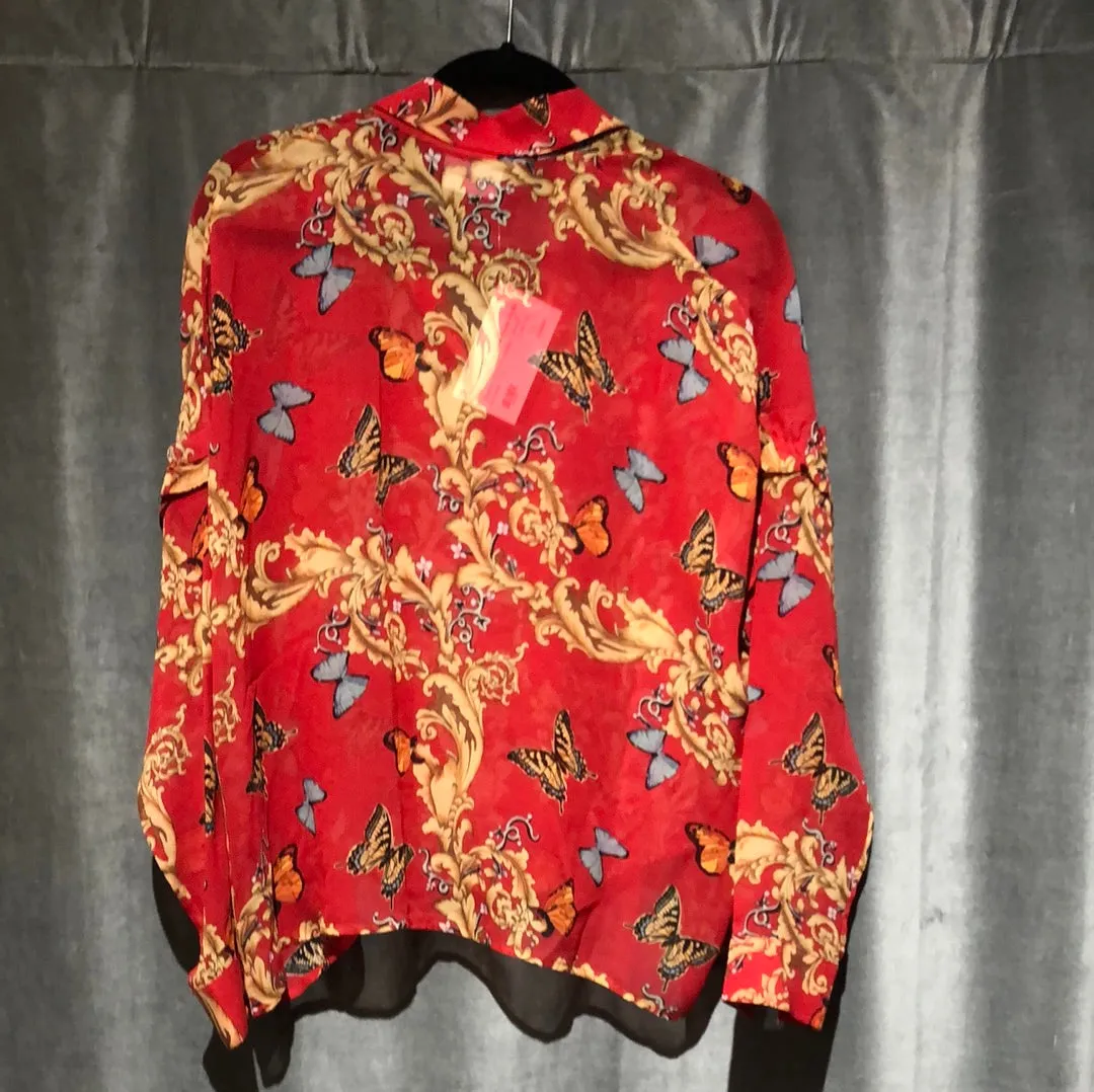 The Kooples Red Soie-Silk Long Sleeve Blouse with Butterfly Design