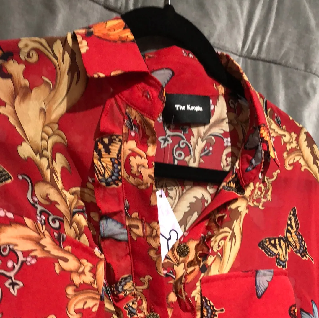 The Kooples Red Soie-Silk Long Sleeve Blouse with Butterfly Design