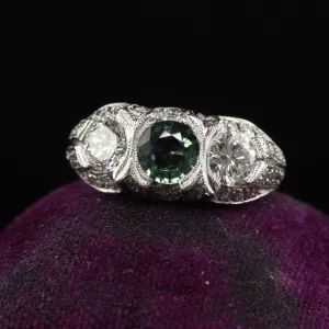 Vintage Estate Retro Platinum Diamond and Green Sapphire Three Stone Ring