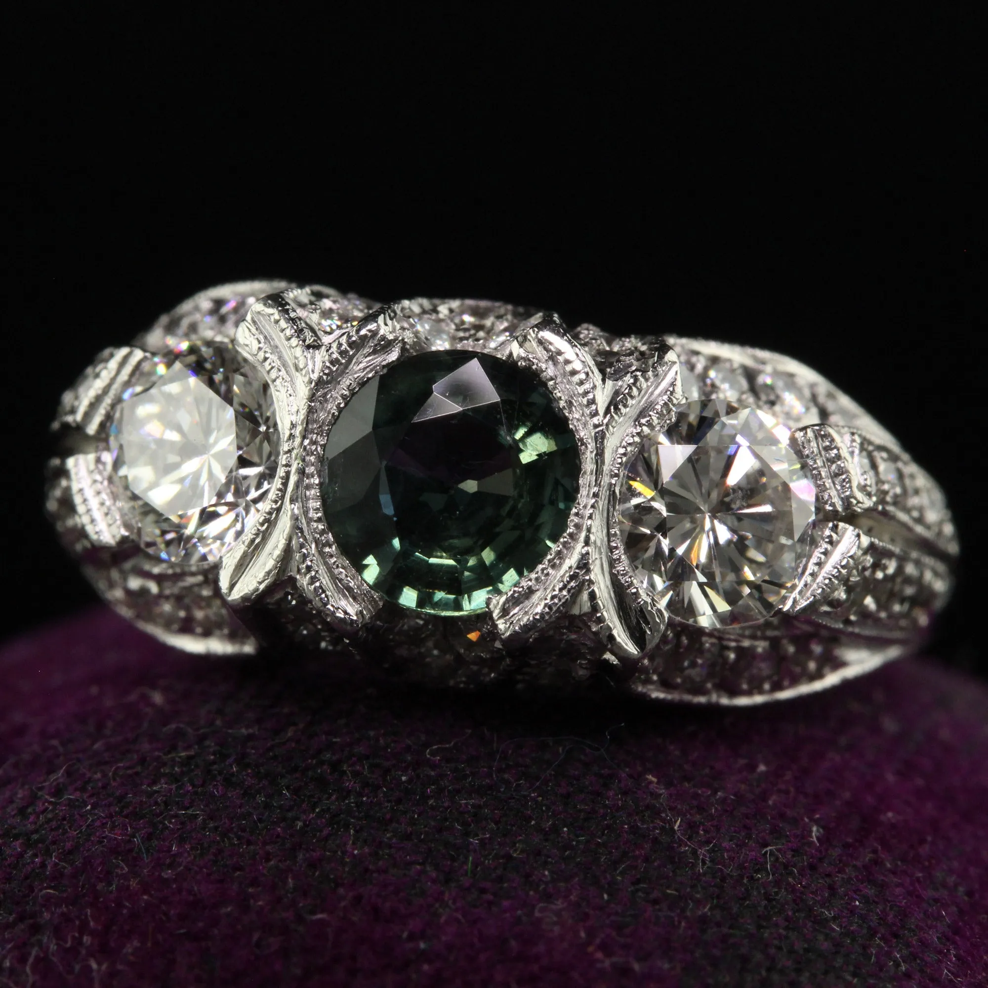 Vintage Estate Retro Platinum Diamond and Green Sapphire Three Stone Ring