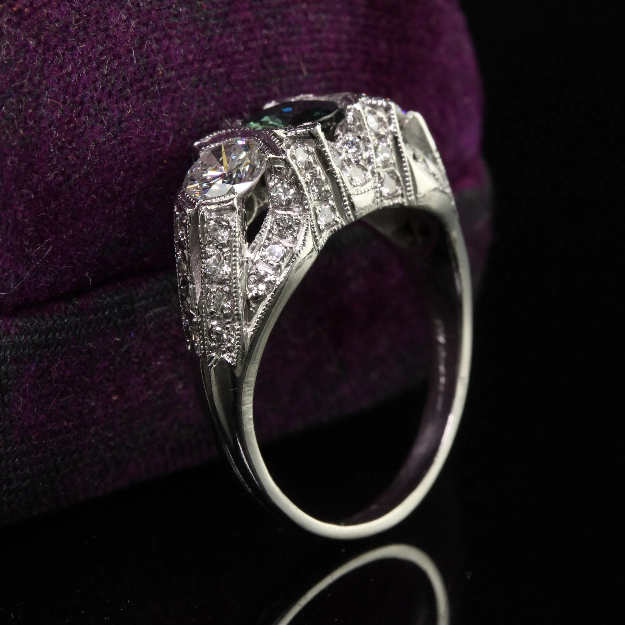Vintage Estate Retro Platinum Diamond and Green Sapphire Three Stone Ring