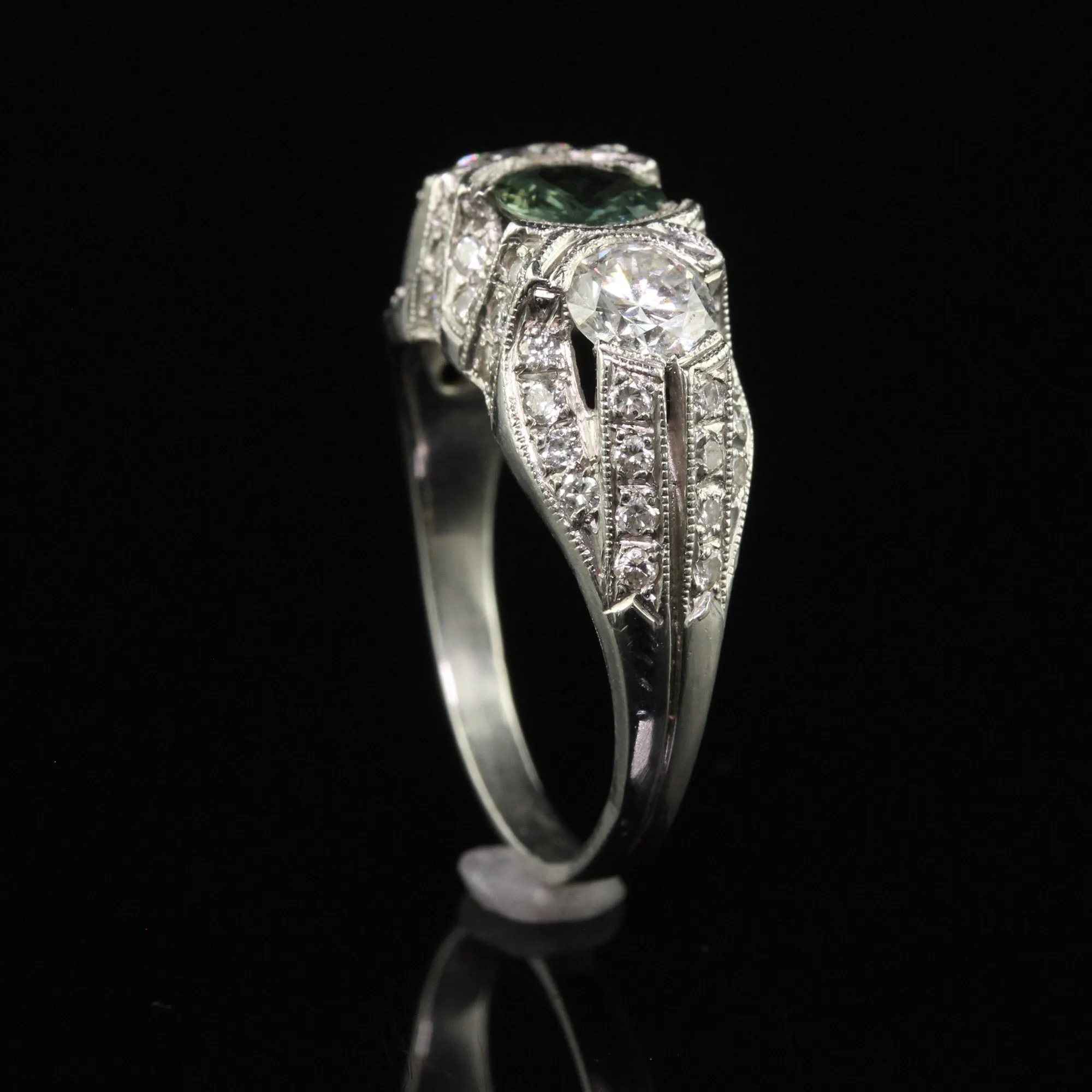 Vintage Estate Retro Platinum Diamond and Green Sapphire Three Stone Ring