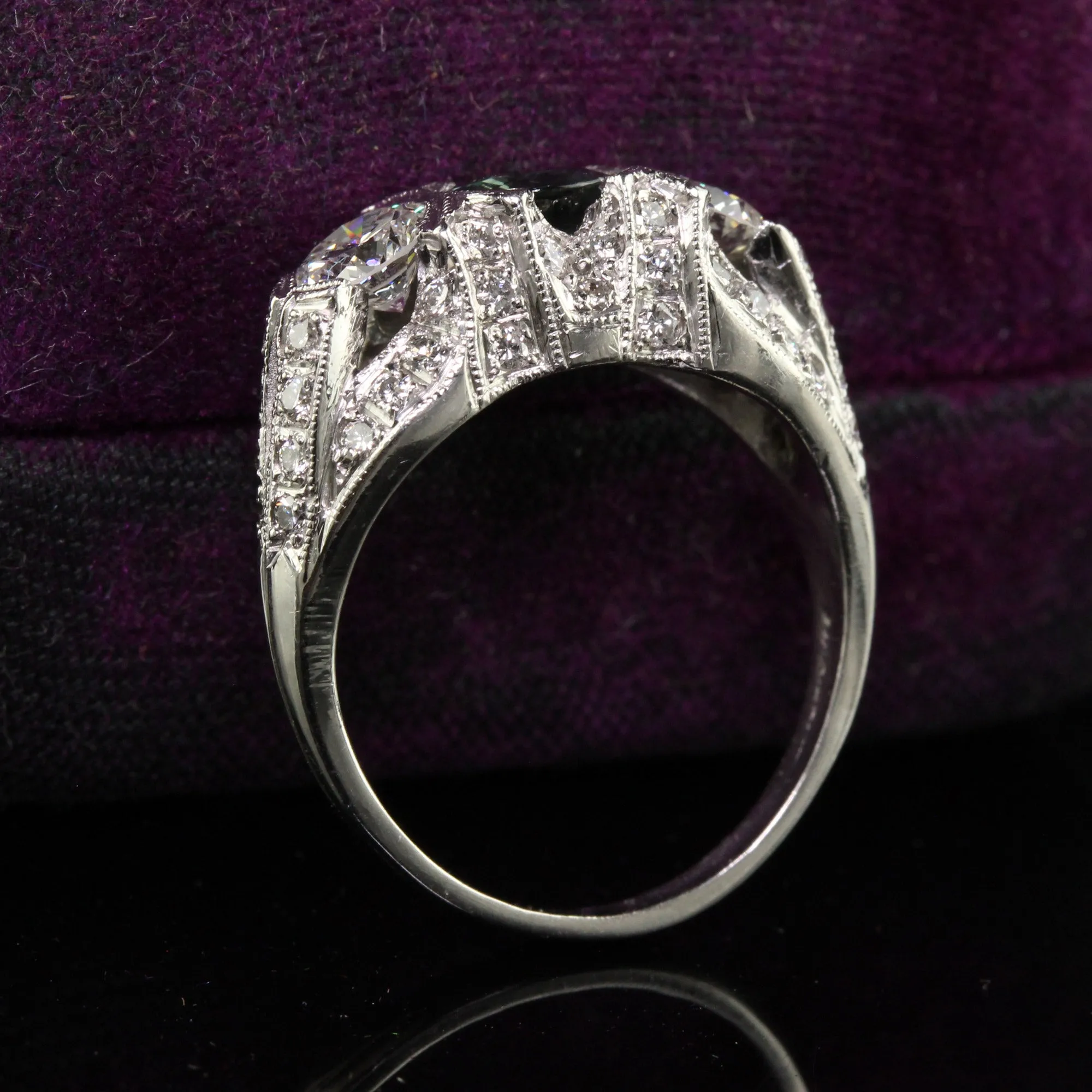 Vintage Estate Retro Platinum Diamond and Green Sapphire Three Stone Ring