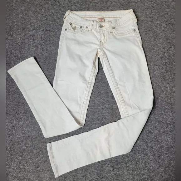 Vtg True Religion Womens 28×33 Skinny Jeans Flap Pockets Thick Stitch Low Raise