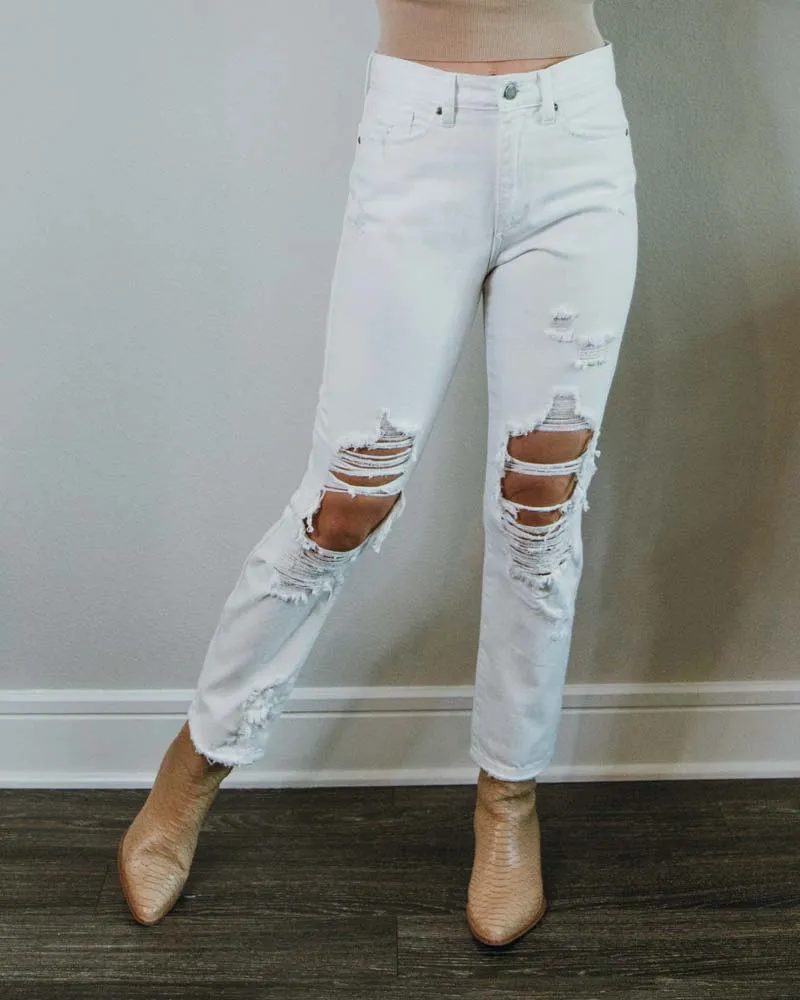 White Distressed Straight Jeans | JBD