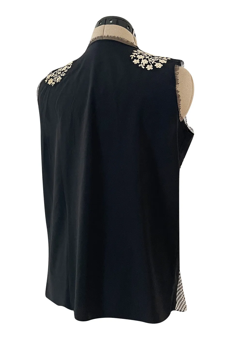 Wonderful Little Upcycled Black & White Striped Silk Chiffon Top W Hand Applied Twenties Details